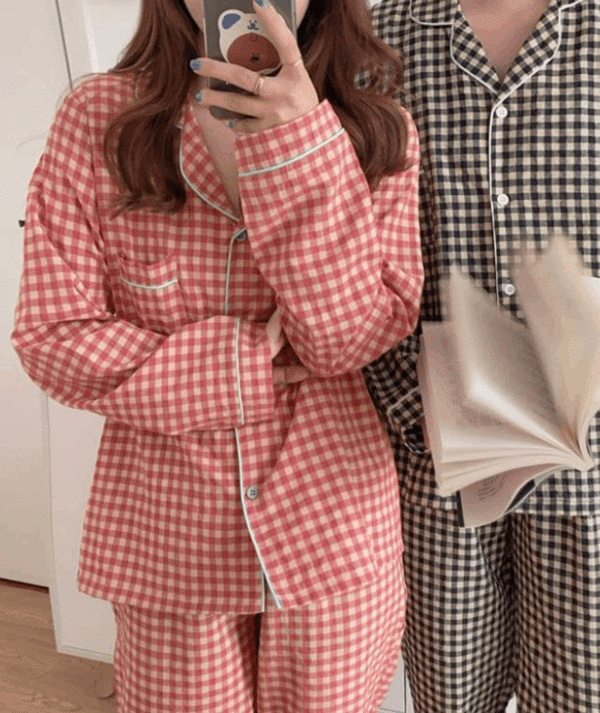 컬러풀 고방 체크 커플 잠옷 파자마세트 (2color)