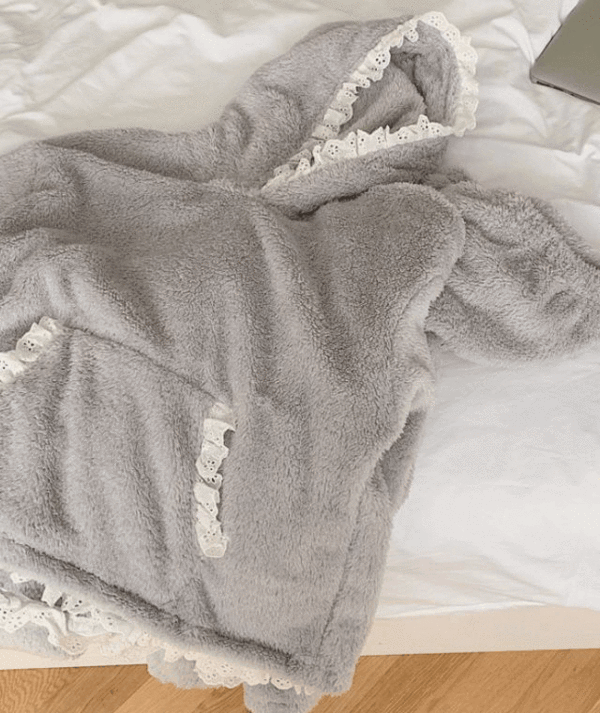펀칭 레이스 겨울 극세사 후드 수면 잠옷 파자마세트 (2color)