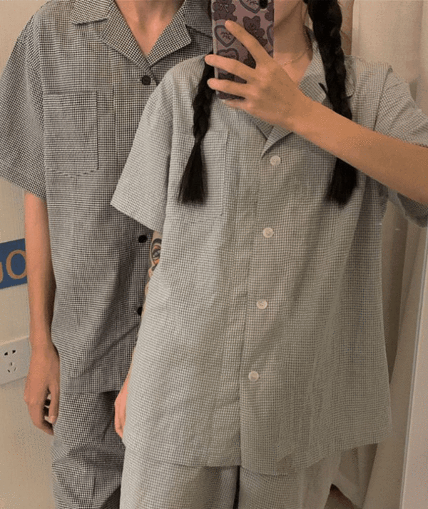 커플 베이직 체크 여름 반팔 잠옷 파자마세트 (2color)