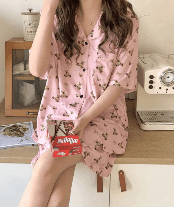 당일발송 쉘리 곰돌이 여름 반팔 잠옷 파자마세트 (2color)