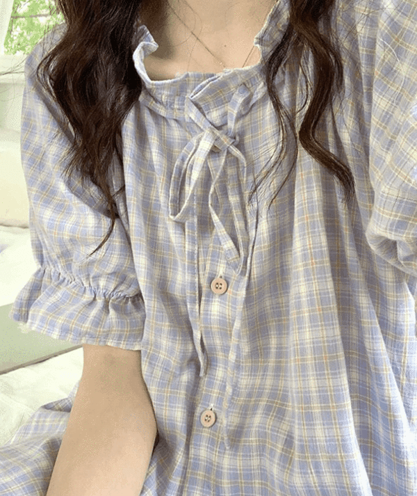 네츄럴 타탄 체크 여성 여름 원피스 잠옷 홈웨어 (2color)