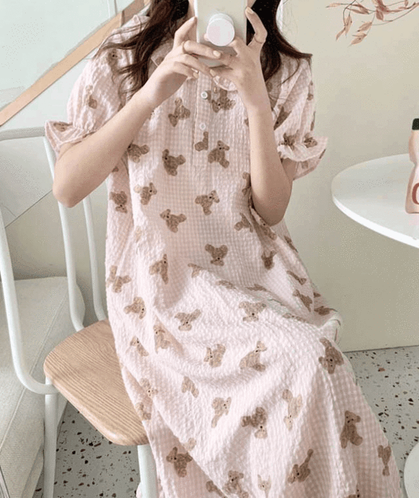 와플 테디베어 여름 반팔 잠옷세트 원피스 홈웨어 (2color)