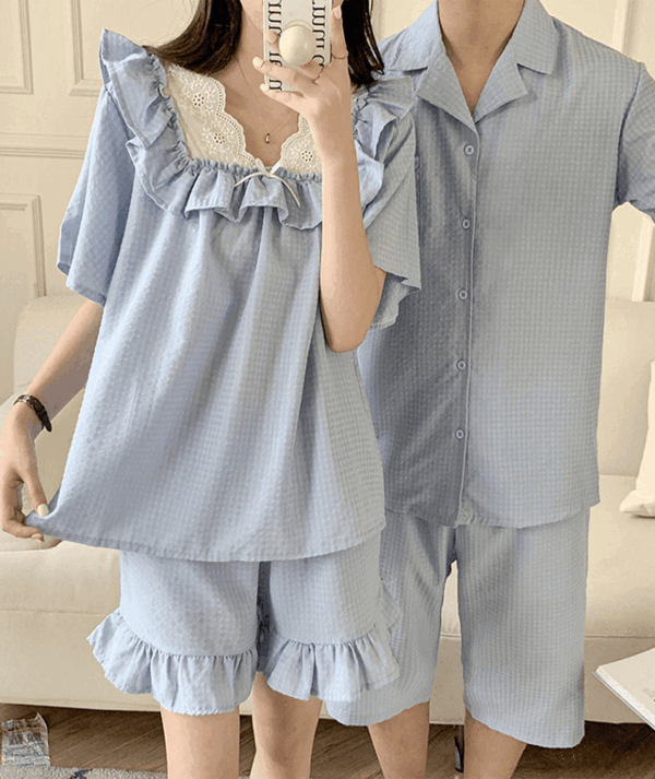 여름 커플 잠옷 시원한 엠보면 신혼부부 파자마 홈웨어 2color