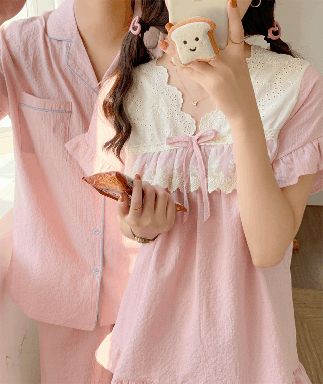 코튼캔디 핑크 여름 커플 잠옷 여자 원피스 홈웨어